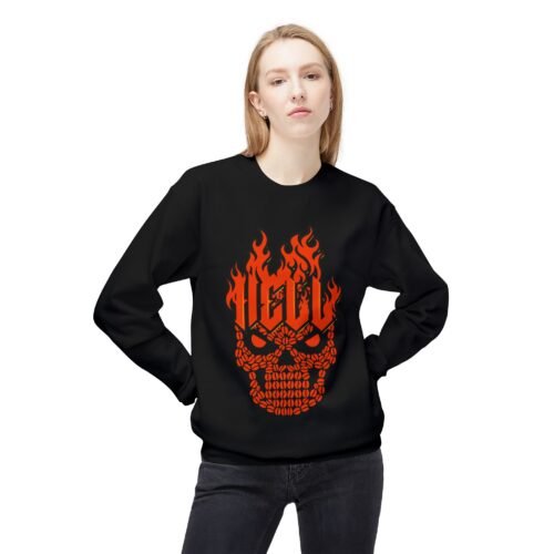 Fire Skull Graphic Crewneck Sweatshirt, Unisex Fleece Top, Casual Streetwear, Halloween Gift, Spooky Apparel, Unique Hoodie Design